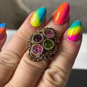 Vintage-Inspired Multicolor bold chunky gold toned  Statement pink purple Ring 6